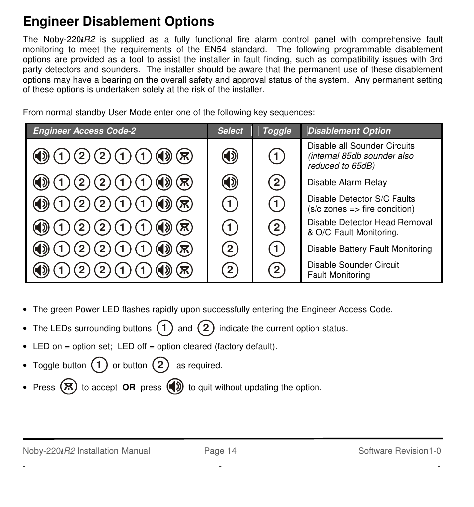 Engineer disablement options | Noby UK Noby-220iR2 2-Zone User Manual | Page 14 / 24