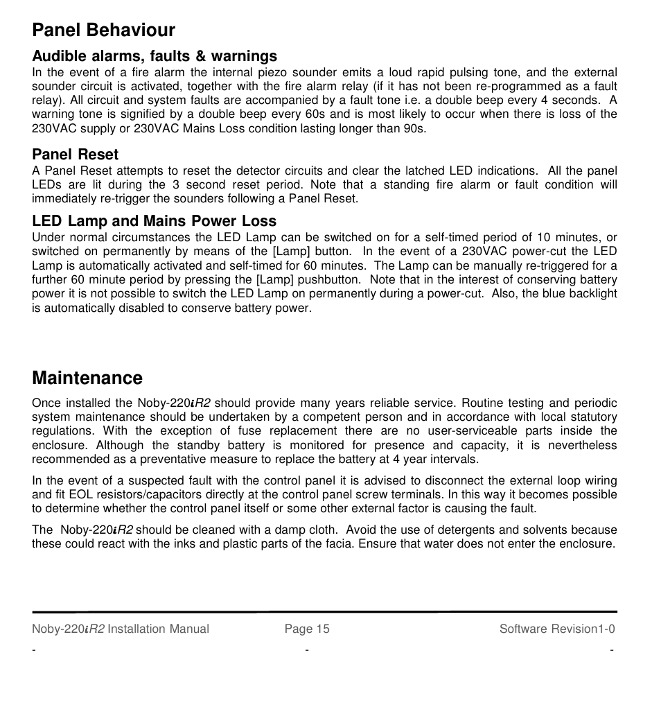 Panel behaviour, Maintenance, Audible alarms, faults & warnings | Panel reset, Led lamp and mains power loss | Noby UK Noby-220iR2 2-Zone User Manual | Page 15 / 24