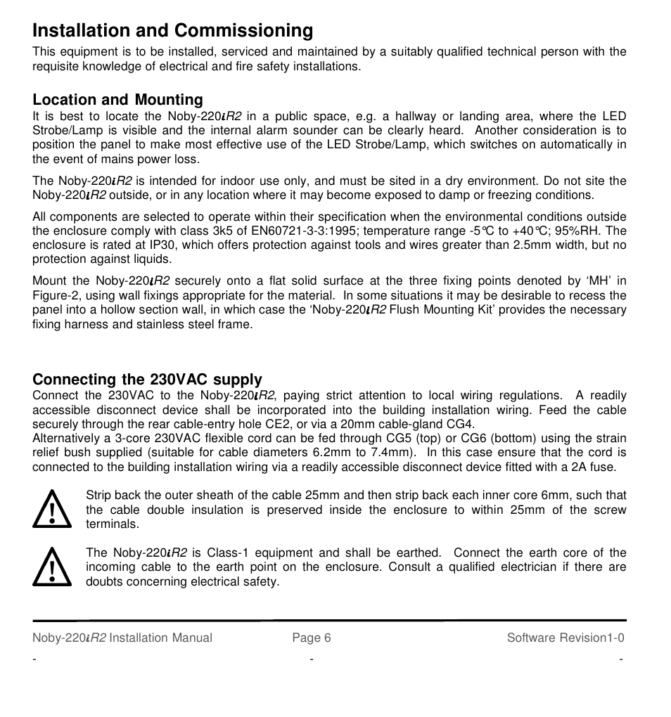 Installation and commissioning, Location and mounting, Connecting the 230vac supply | Noby UK Noby-220iR2 2-Zone User Manual | Page 6 / 24