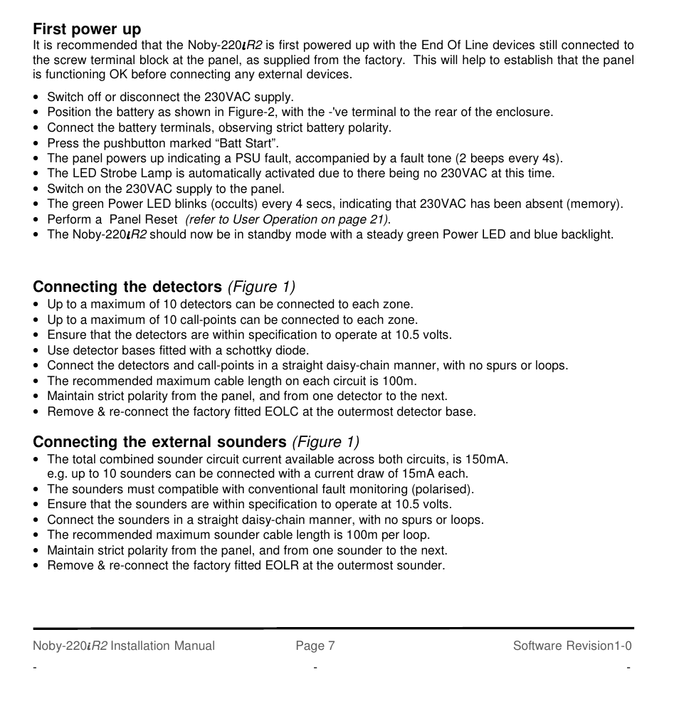 First power up, Connecting the detectors (figure 1), Connecting the external sounders (figure 1) | Noby UK Noby-220iR2 2-Zone User Manual | Page 7 / 24