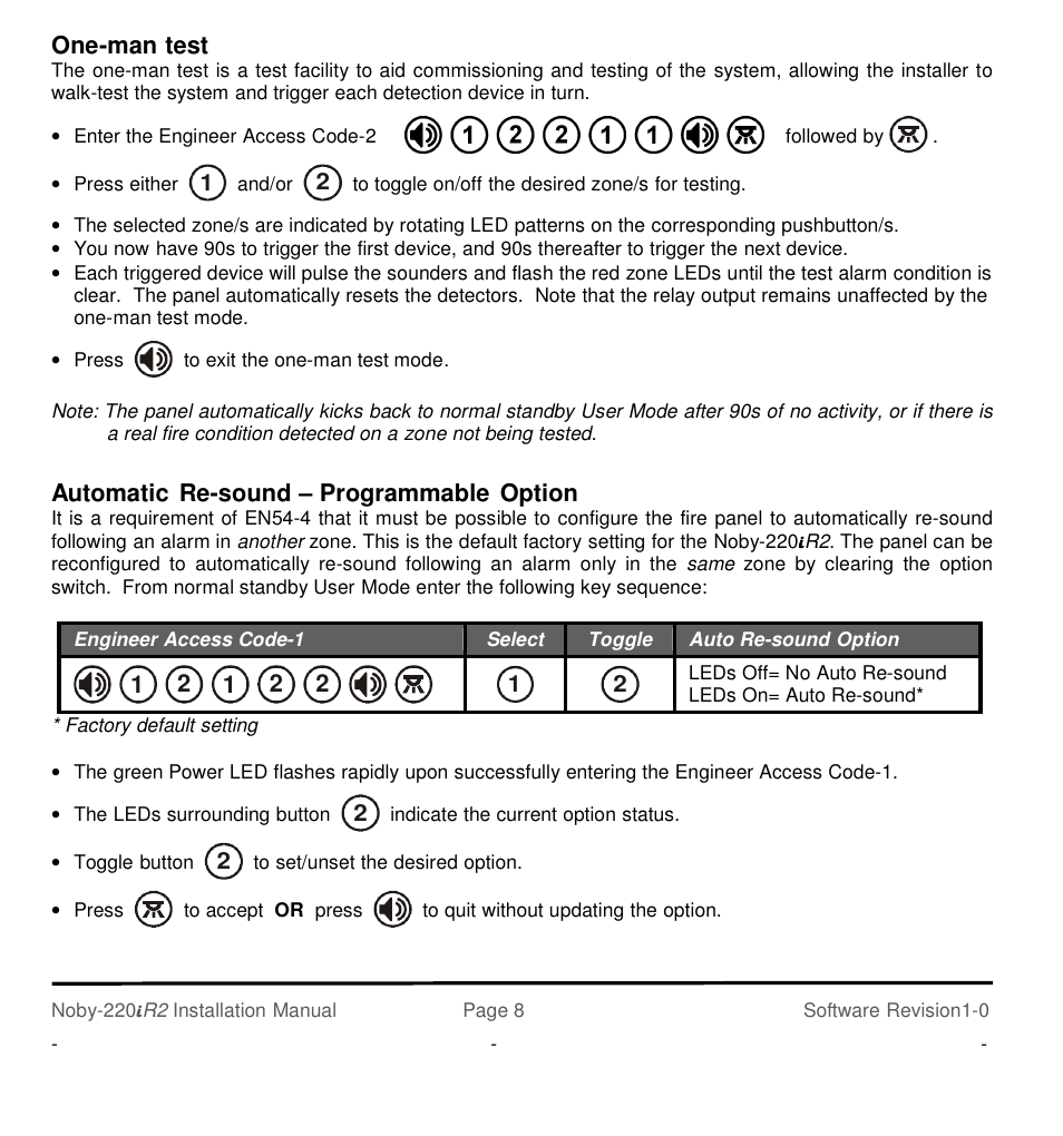 One-man test, Automatic re-sound – programmable option | Noby UK Noby-220iR2 2-Zone User Manual | Page 8 / 24