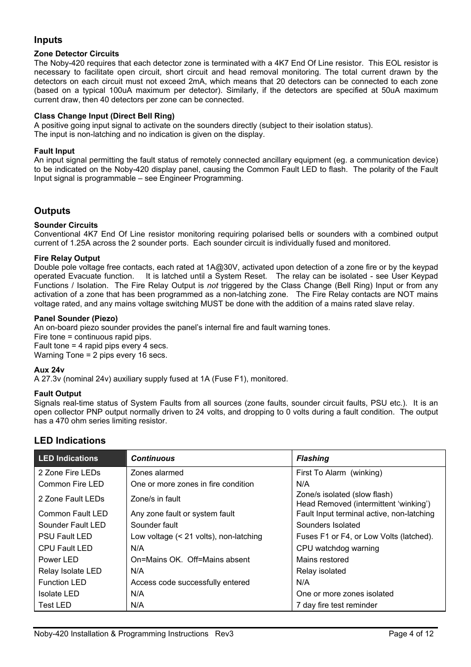 Inputs, Outputs, Led indications | Noby UK Noby-420 2-Zone User Manual | Page 4 / 12