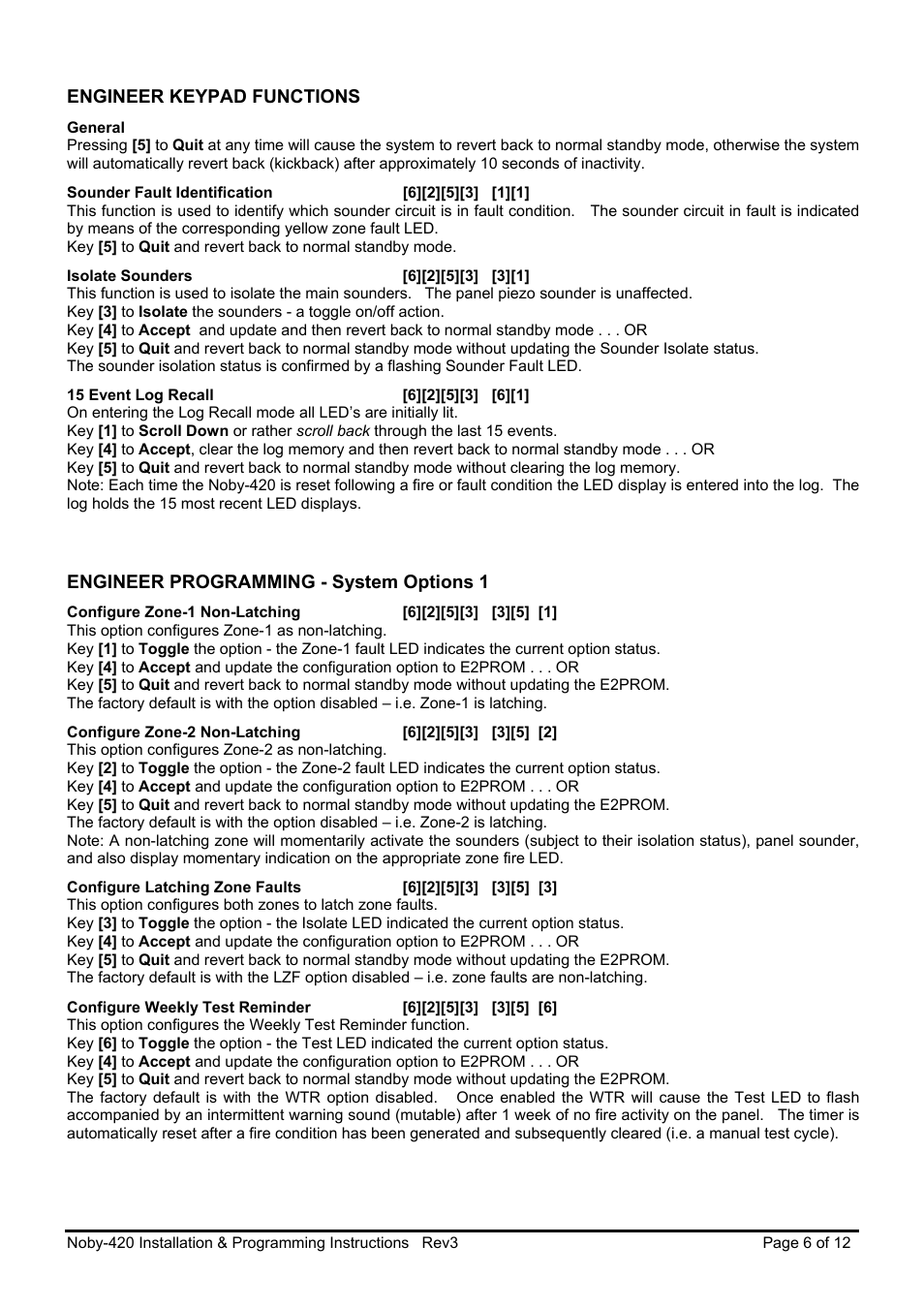 Engineer keypad functions, Engineer programming - system options 1 | Noby UK Noby-420 2-Zone User Manual | Page 6 / 12