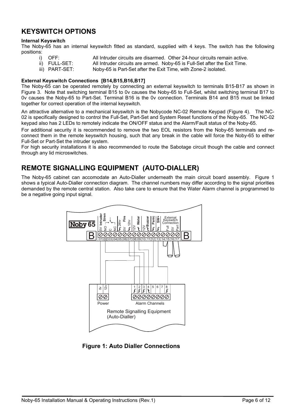 Keyswitch options, Remote signalling equipment (auto-dialler), Figure 1: auto dialler connections | Noby UK Noby-65 User Manual | Page 6 / 12