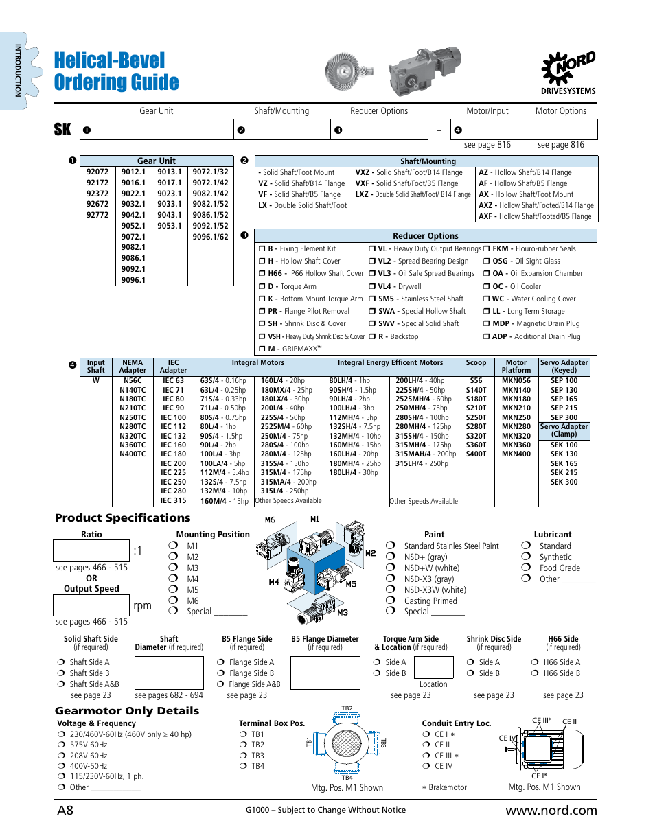 Helical-bevel ordering guide, Product specifications | NORD Drivesystems B1000 User Manual | Page 10 / 820