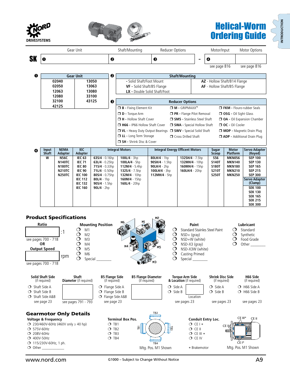 Helical-worm ordering guide, Product specifications | NORD Drivesystems B1000 User Manual | Page 11 / 820