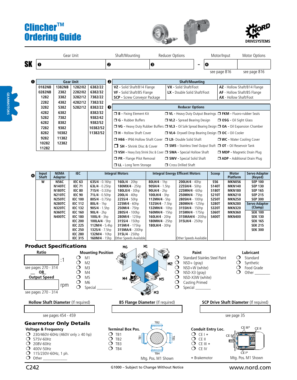 Clincher™ ordering guide, Product specifications | NORD Drivesystems B1000 User Manual | Page 244 / 820