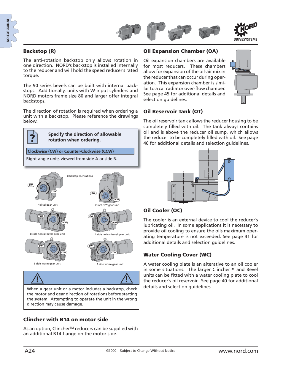 Gear unit options, Warning, Backstop (r) | Clincher with b14 on motor side, Oil expansion chamber (oa), Oil reservoir tank (ot), Oil cooler (oc), Water cooling cover (wc) | NORD Drivesystems B1000 User Manual | Page 26 / 820