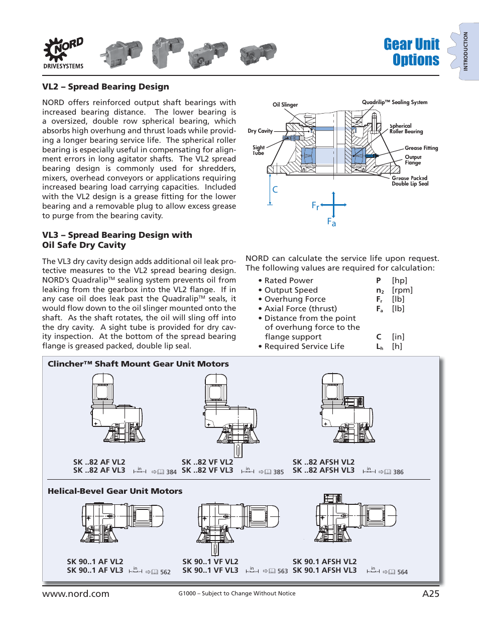 Gear unit options, Fr fa c, Vl2 – spread bearing design | NORD Drivesystems B1000 User Manual | Page 27 / 820