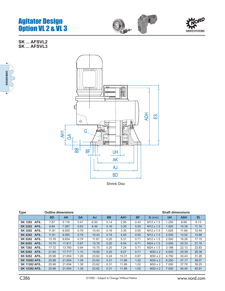 Agitator design option vl 2 & vl 3, Ga bb uh ak aj bd ah1 es bf g adh, Sk ... afsvl2 sk ... afsvl3 | NORD Drivesystems B1000 User Manual | Page 388 / 820