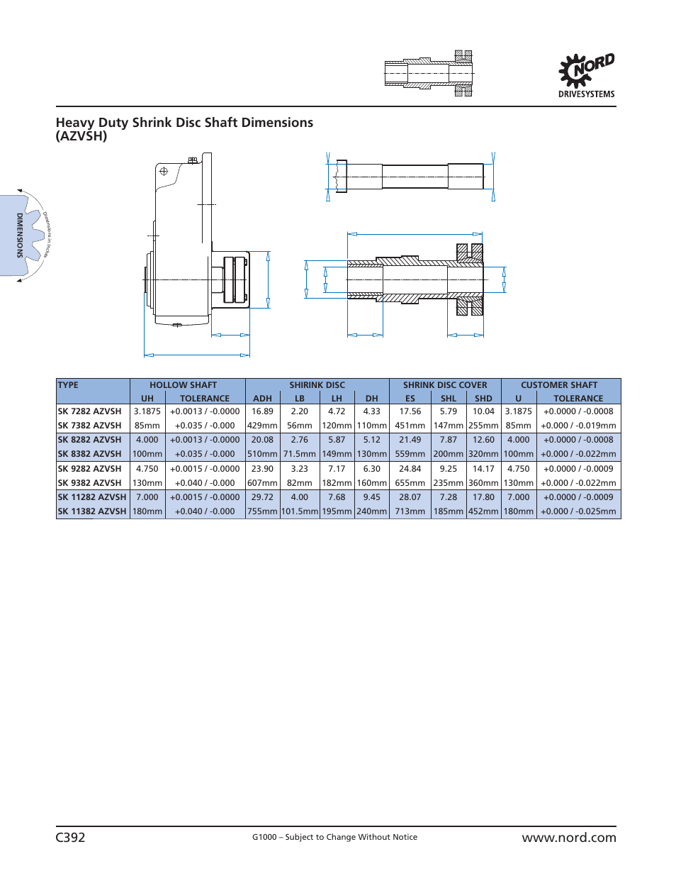 Heavy duty shrink disc shaft dimensions, C392, Heavy duty shrink disc shaft dimensions (azvsh) | Adh uh dh lb lh uh, Es shl øshd, Ucustomer shaft | NORD Drivesystems B1000 User Manual | Page 394 / 820