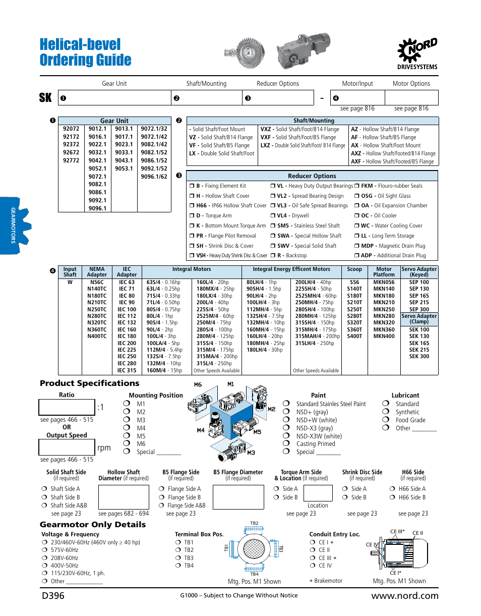 Helical-bevel ordering guide, D396, Product specifications | NORD Drivesystems B1000 User Manual | Page 398 / 820