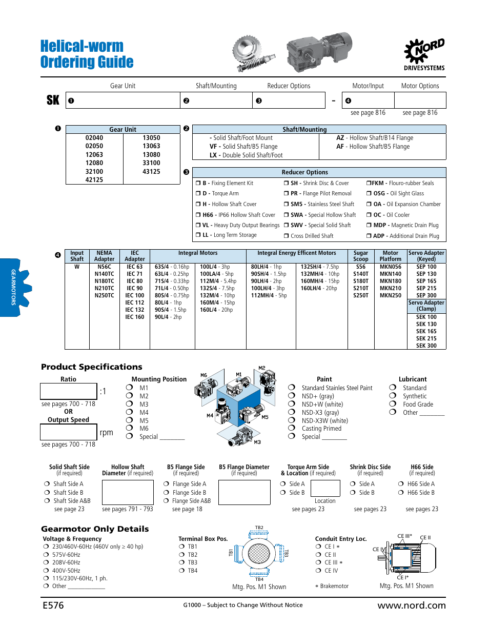 Helical-worm ordering guide, Product specifications | NORD Drivesystems B1000 User Manual | Page 578 / 820