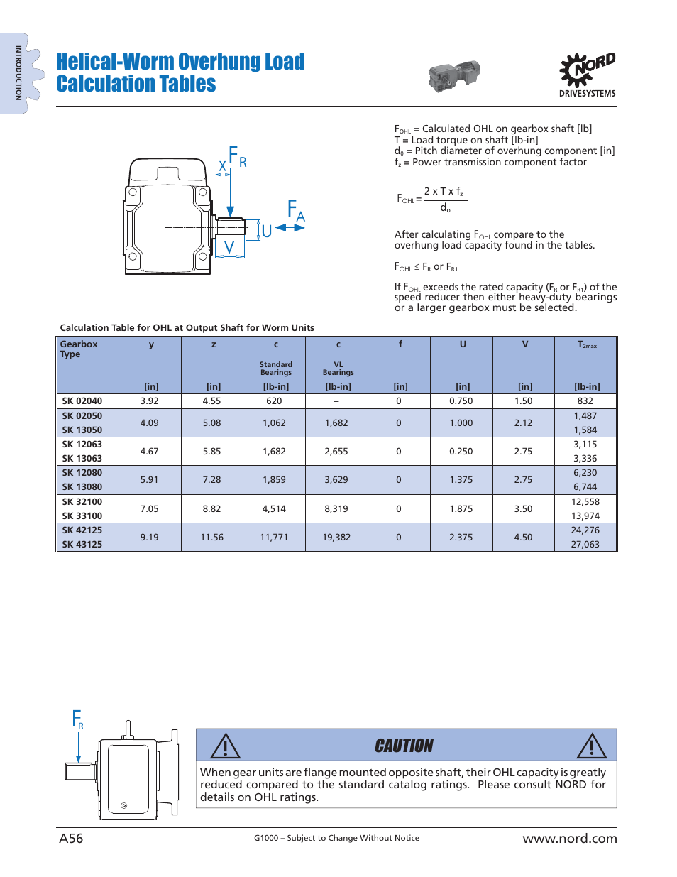 Helical-worm overhung load calculation tables, Caution | NORD Drivesystems B1000 User Manual | Page 58 / 820