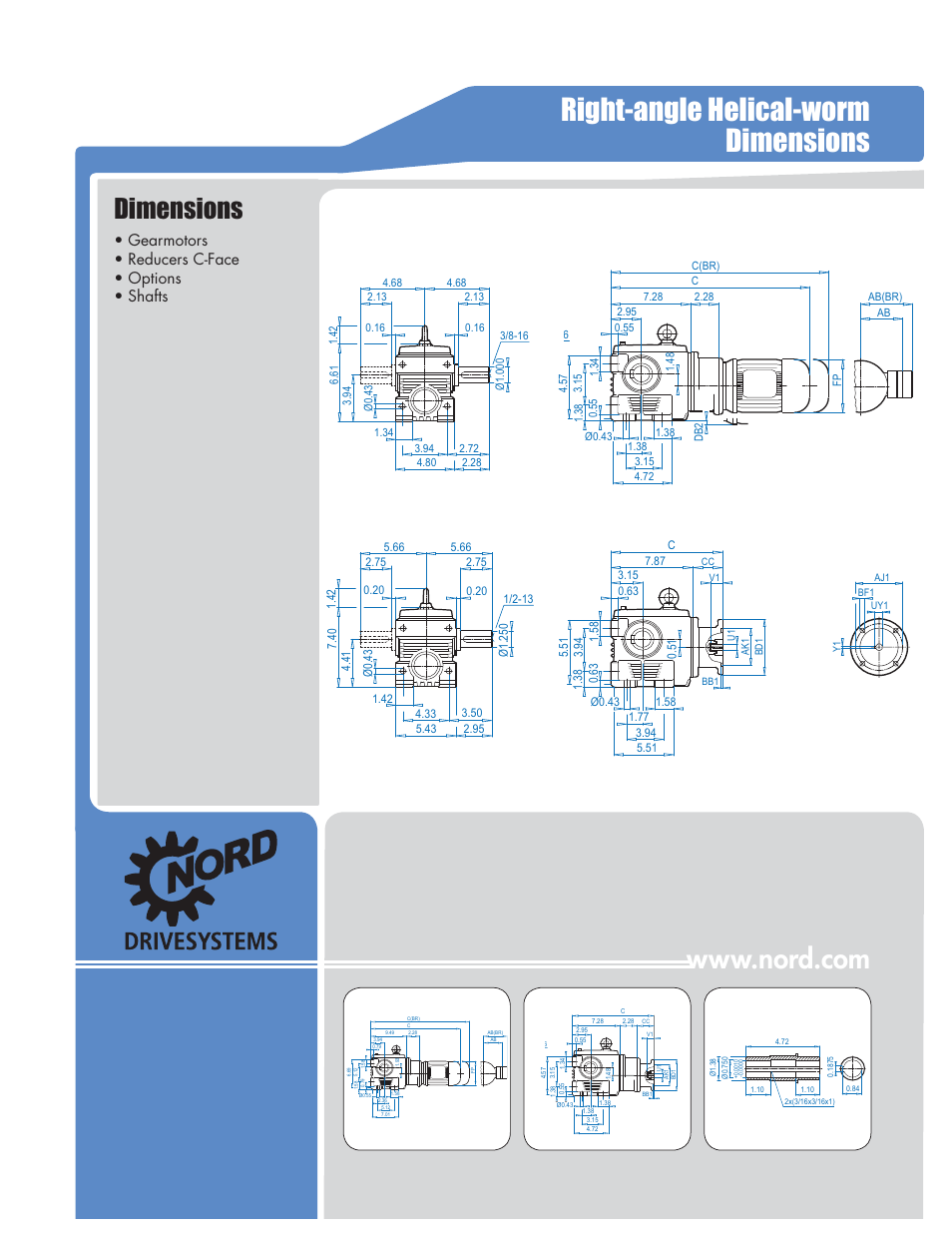 Right-angle helical-worm dimensions, Dimensions, Gearmotors • reducers c-face • options • shafts | NORD Drivesystems B1000 User Manual | Page 623 / 820