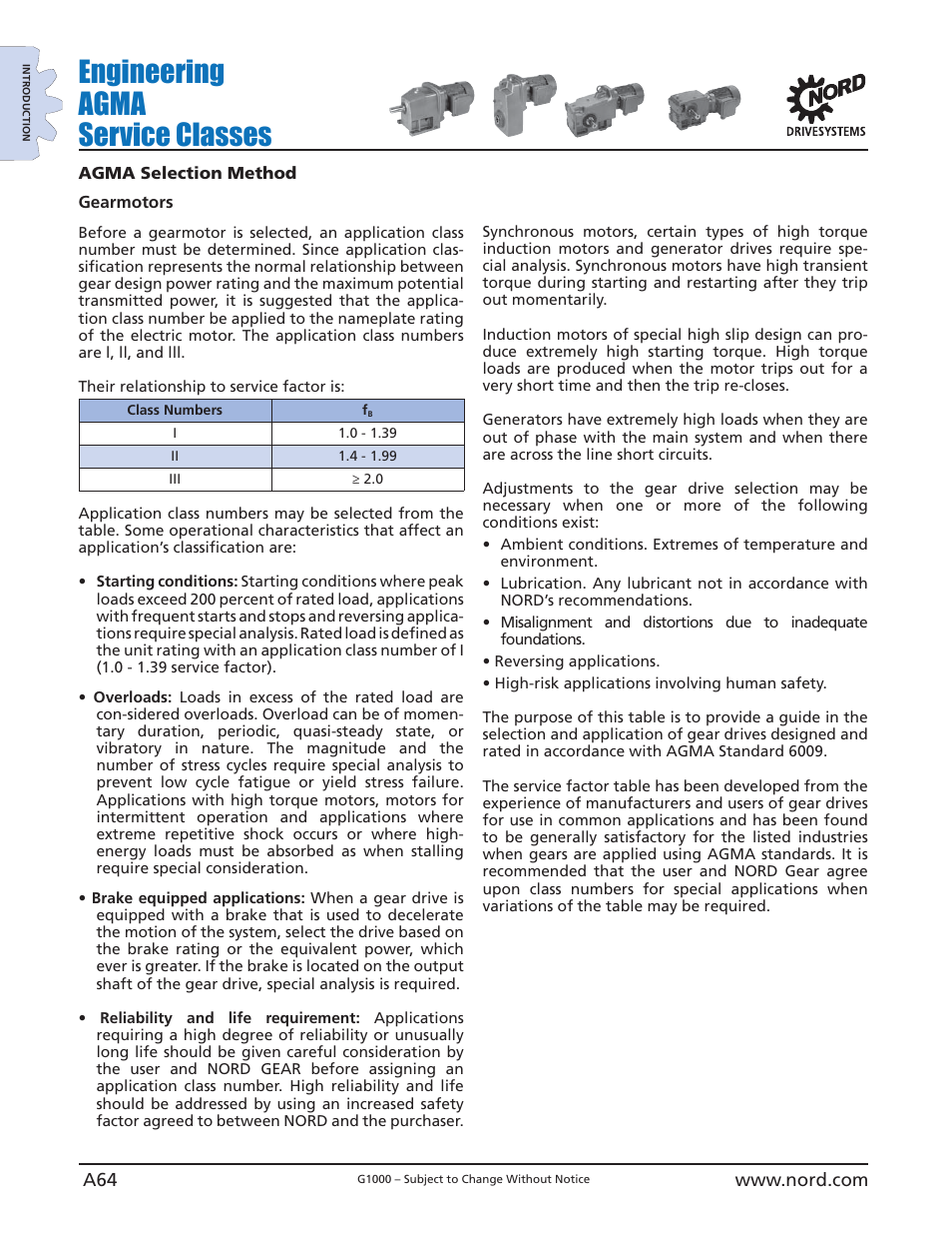 Engineering agma service classes | NORD Drivesystems B1000 User Manual | Page 66 / 820