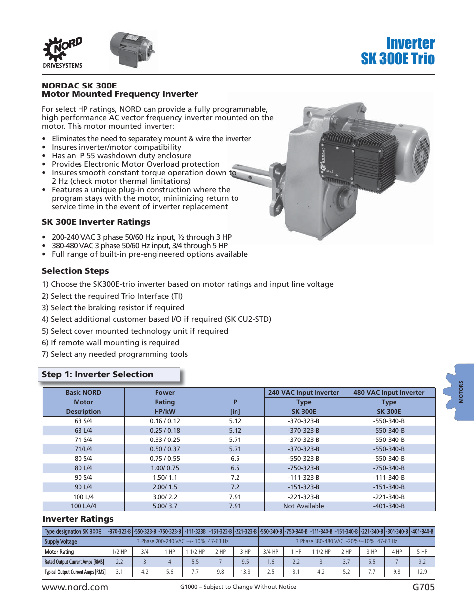 Inverter sk 300e trio, Sk 300e inverter ratings, Selection steps | Step 1: inverter selection | NORD Drivesystems B1000 User Manual | Page 707 / 820