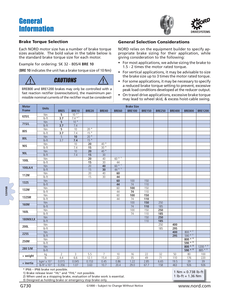 General information, Cautions, Brake torque selection | General selection considerations | NORD Drivesystems B1000 User Manual | Page 732 / 820