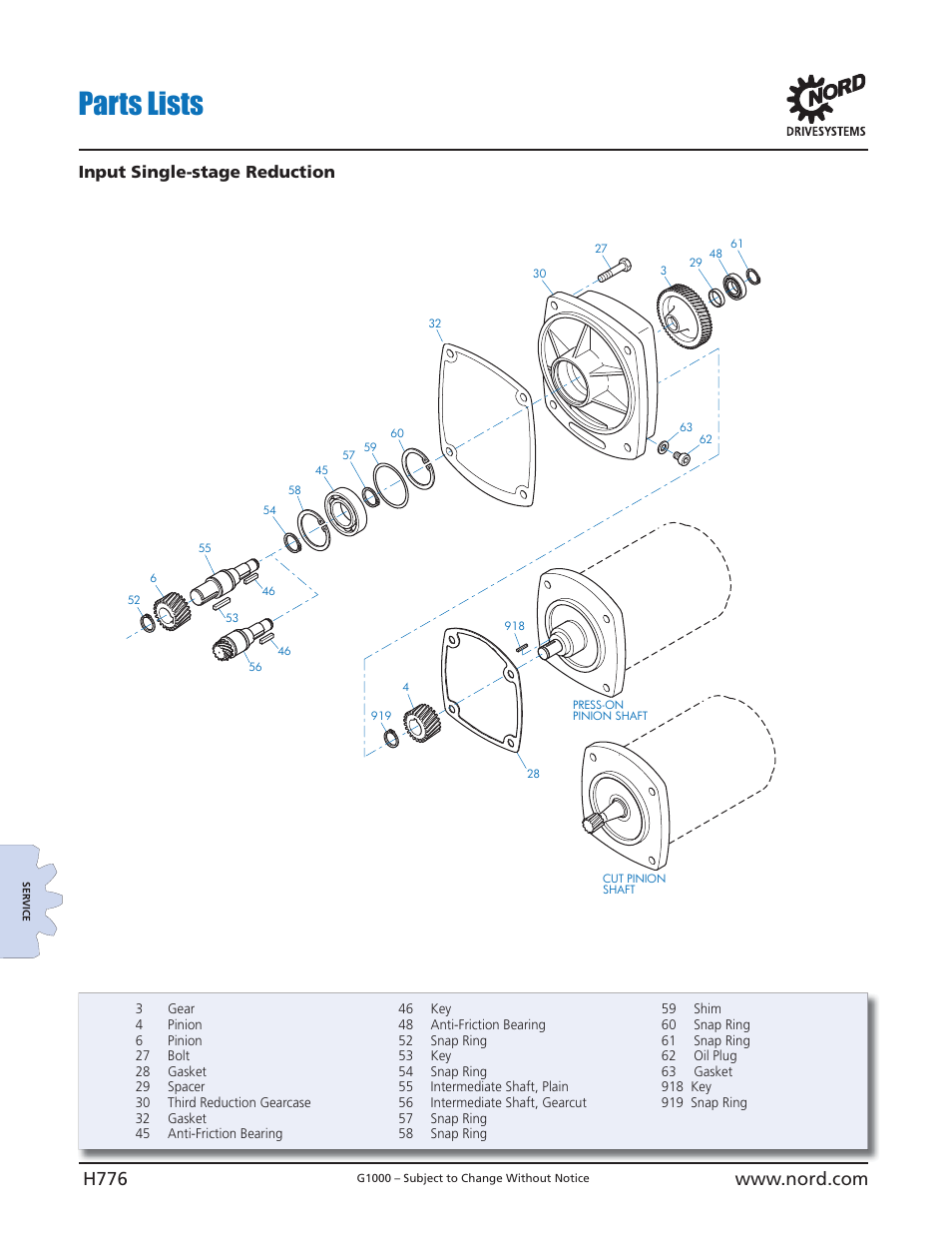 Parts lists, Input single-stage reduction | NORD Drivesystems B1000 User Manual | Page 778 / 820