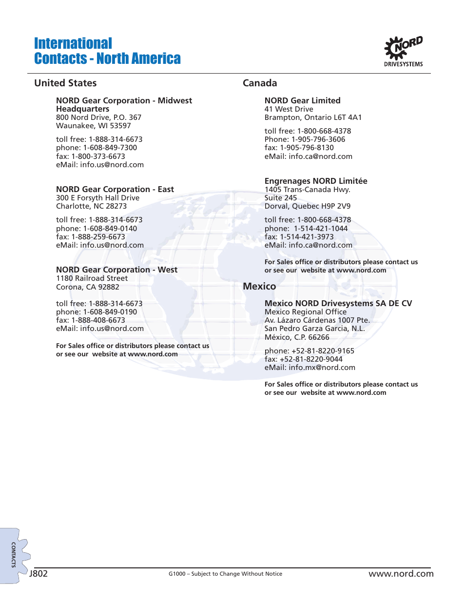 International contacts - north america, United states, Canada | Mexico | NORD Drivesystems B1000 User Manual | Page 804 / 820