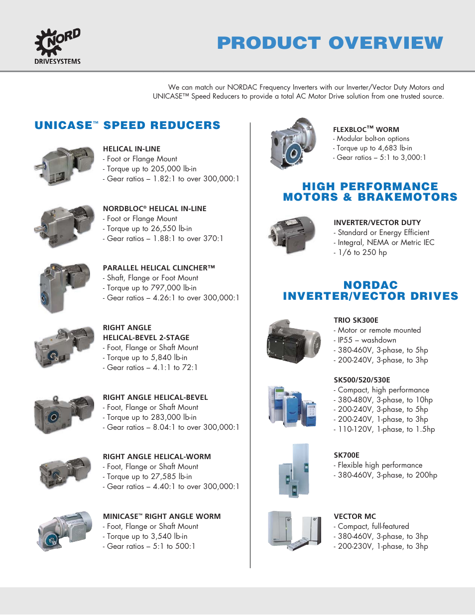 Product overview, High performance motors & brakemotors, Unicase | Speed reducers nordac inverter/vector drives | NORD Drivesystems B1000 User Manual | Page 819 / 820