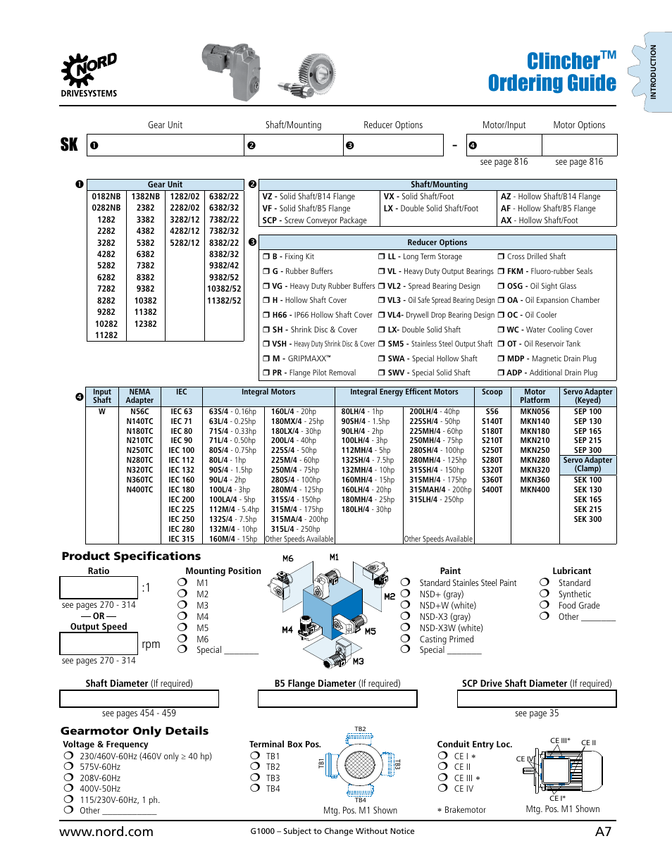 Clincher™ ordering guide, Product specifications | NORD Drivesystems B1000 User Manual | Page 9 / 820