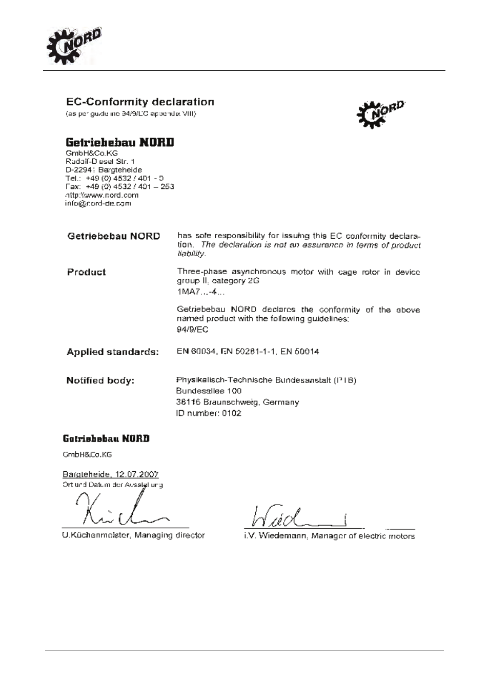 Declaration of conformity | NORD Drivesystems B1092 User Manual | Page 48 / 52