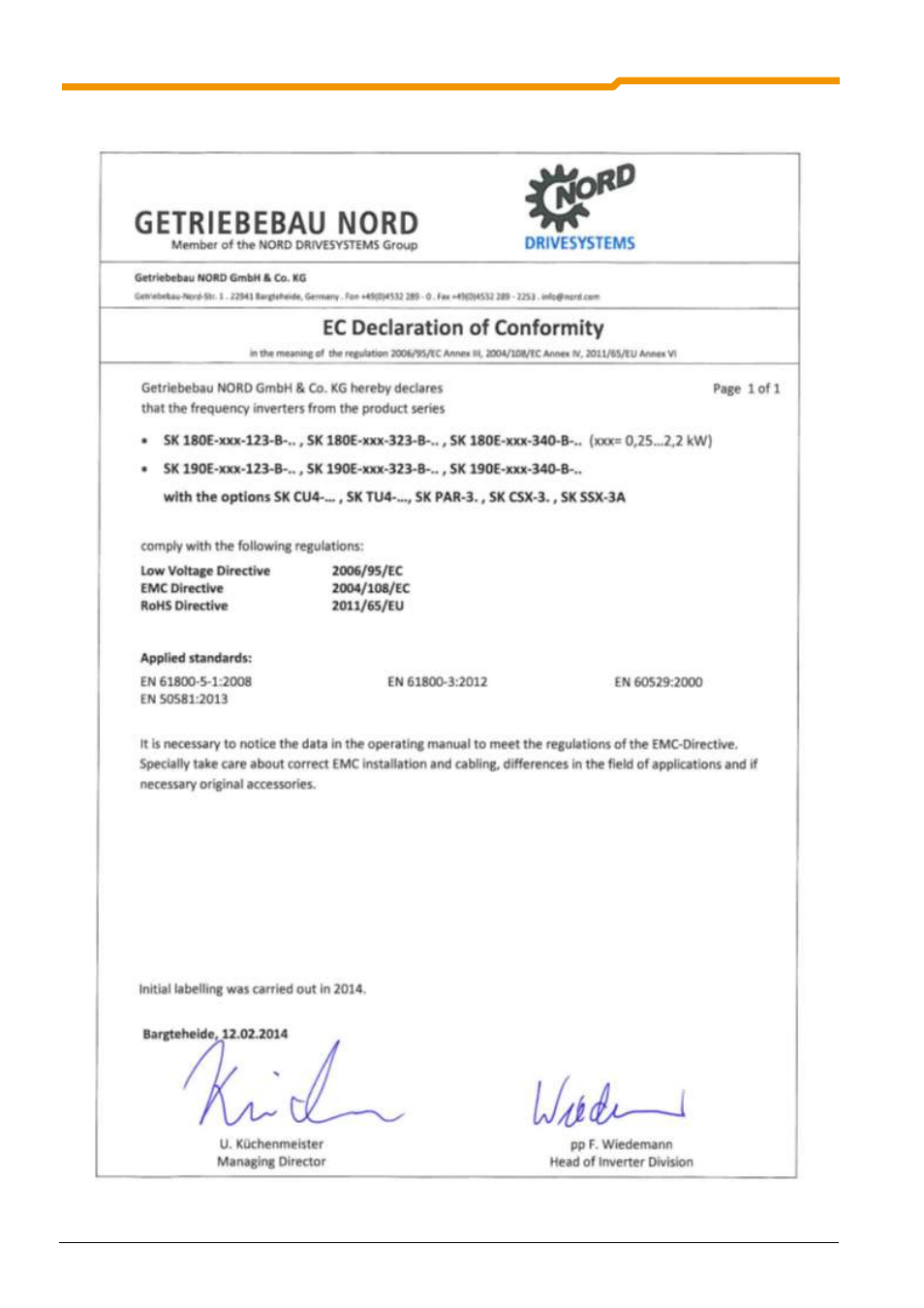 4 ec declaration of conformity, Ec declaration of conformity | NORD Drivesystems BU0180 User Manual | Page 164 / 184