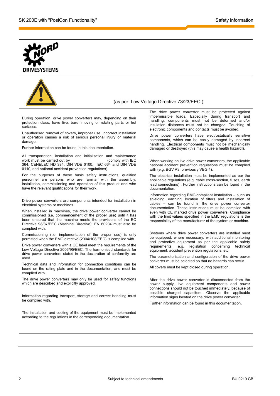 Sk 200e frequency inverter | NORD Drivesystems BU0210 User Manual | Page 2 / 60