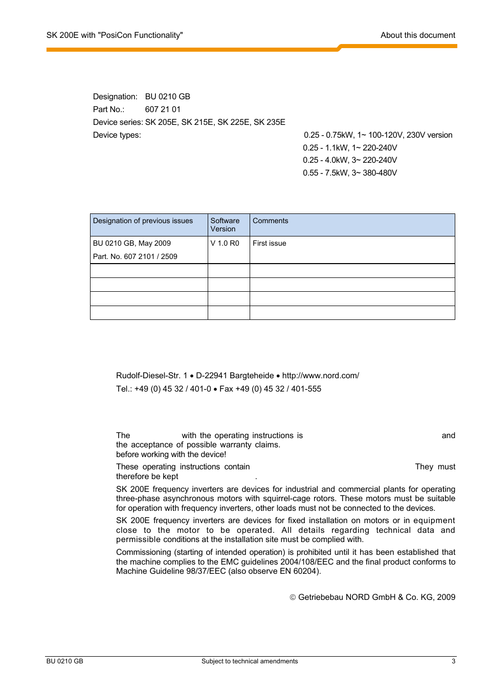 Documentation, Version list, Publisher | Getriebebau nord gmbh & co. kg, Intended use of the frequency inverter | NORD Drivesystems BU0210 User Manual | Page 3 / 60