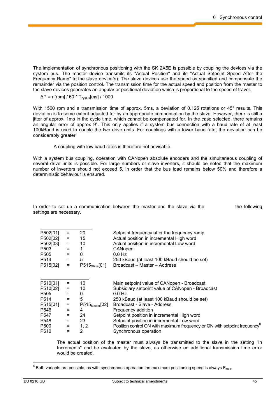 6 synchronous control, 1 general information, 2 communication settings | NORD Drivesystems BU0210 User Manual | Page 45 / 60