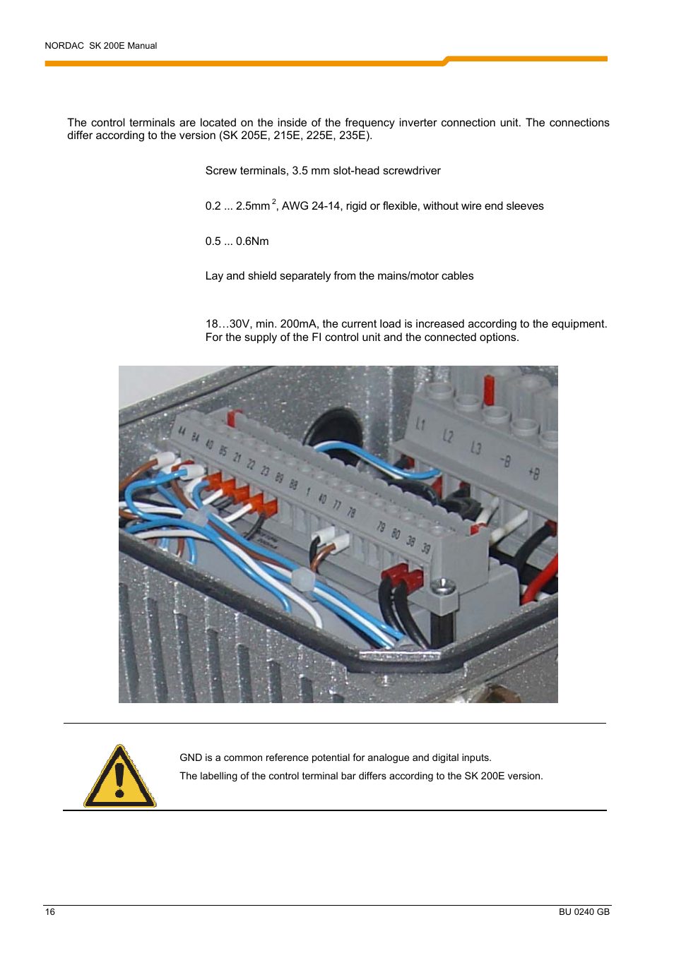 4 electrical connection of sk 200e control unit | NORD Drivesystems BU0240 User Manual | Page 16 / 40