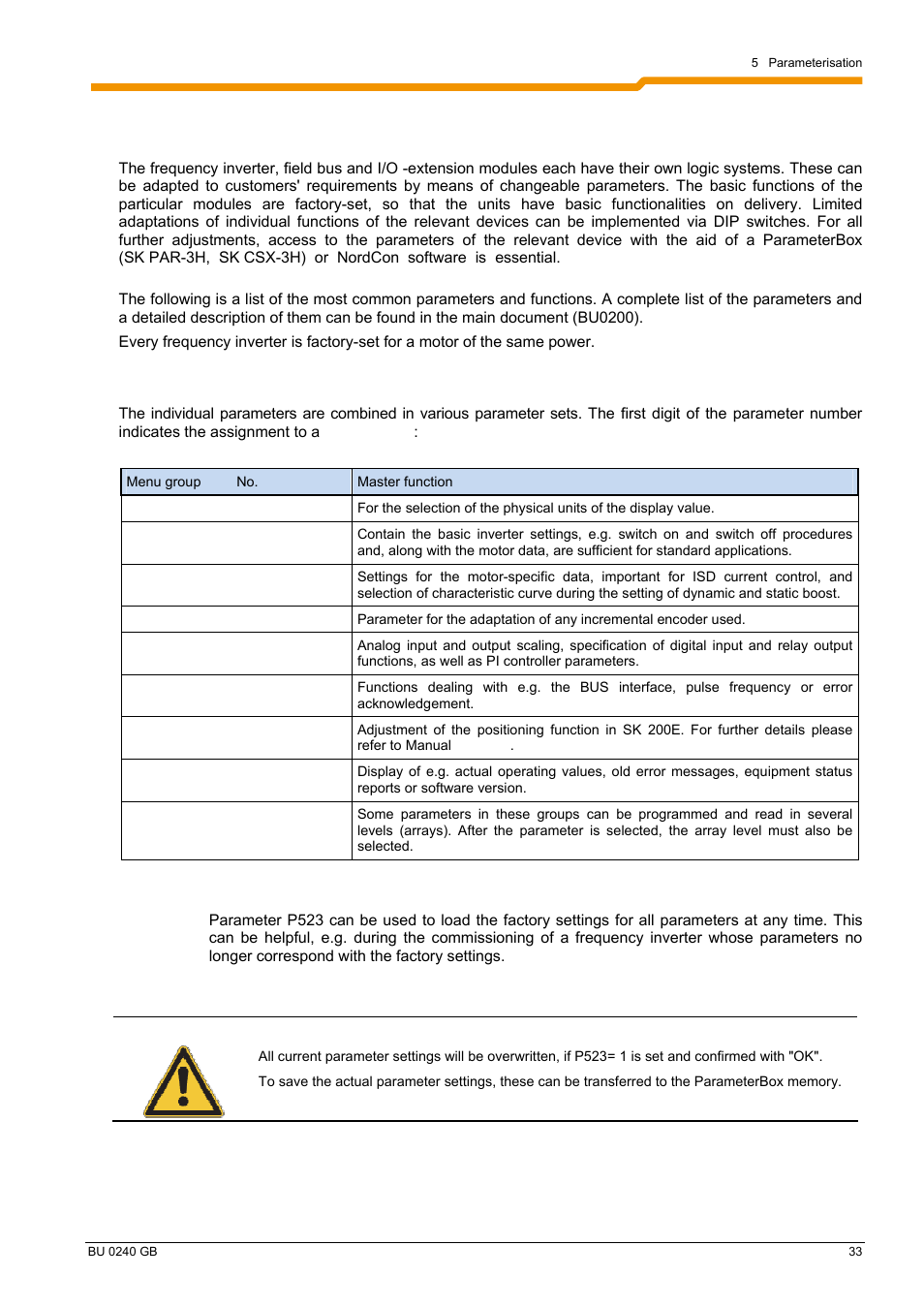 5 parameterisation of frequency inverter sk 200e | NORD Drivesystems BU0240 User Manual | Page 33 / 40