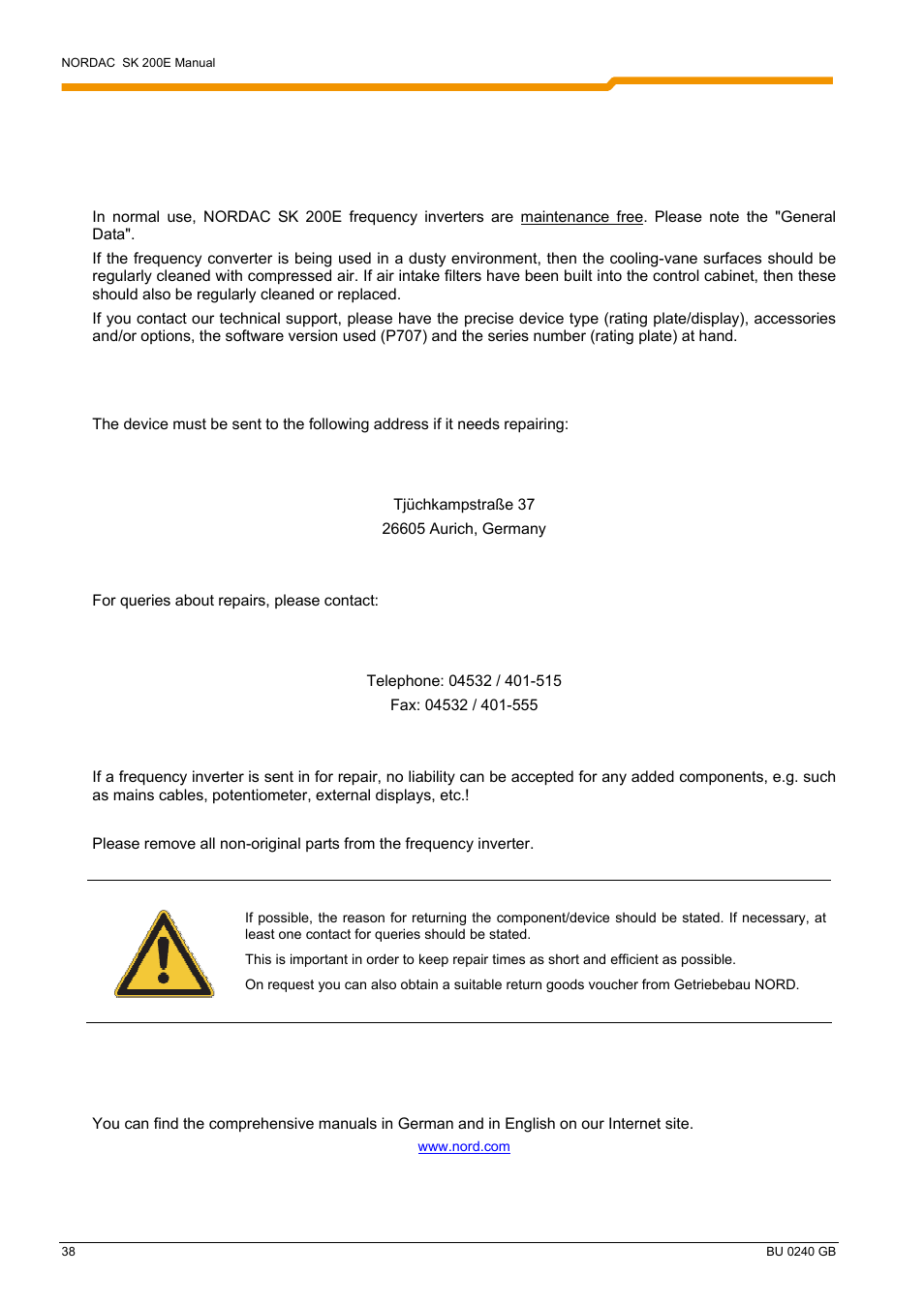 8 maintenance and servicing information, Repairs, Internet information | NORD Drivesystems BU0240 User Manual | Page 38 / 40