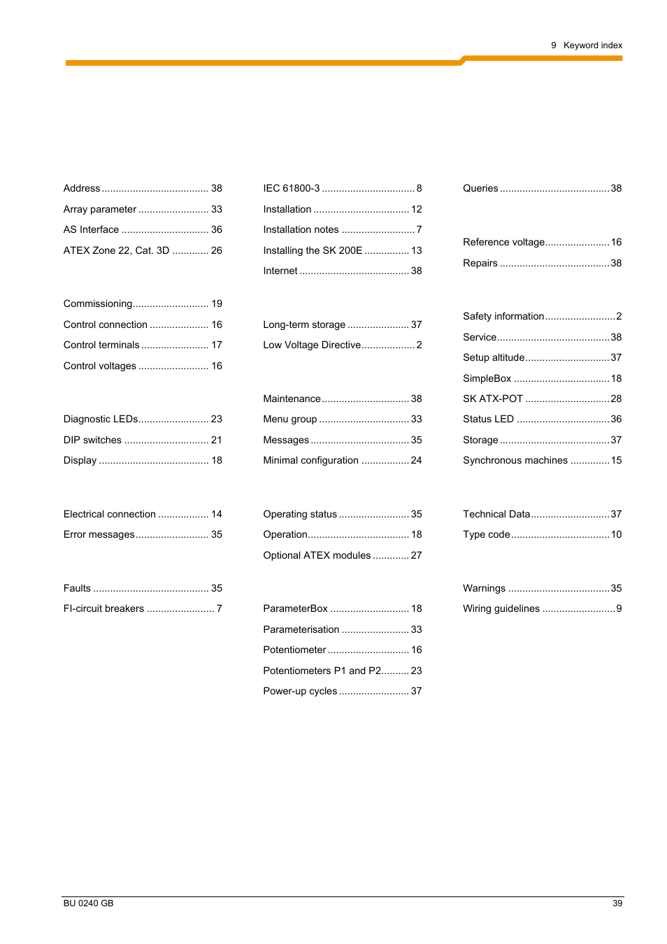 9 keyword index | NORD Drivesystems BU0240 User Manual | Page 39 / 40