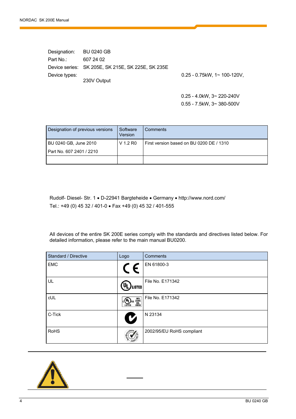 Documentation, Version list, Publisher | Getriebebau nord gmbh & co. kg, Standards and approvals | NORD Drivesystems BU0240 User Manual | Page 4 / 40