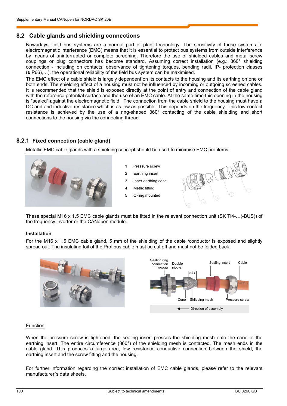 2 cable glands and shielding connections, Fixed connection (cable gland) | NORD Drivesystems BU0260 User Manual | Page 100 / 116