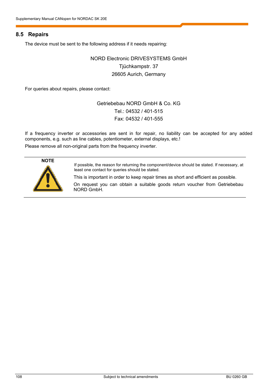 5 repairs | NORD Drivesystems BU0260 User Manual | Page 108 / 116