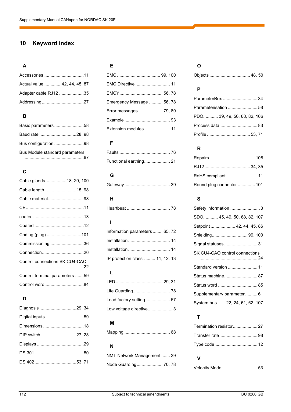 10 keyword index | NORD Drivesystems BU0260 User Manual | Page 112 / 116