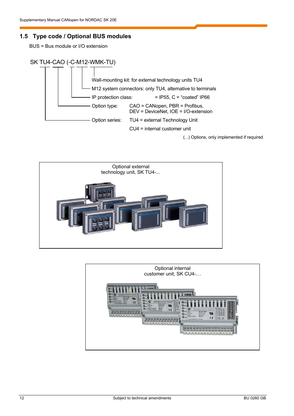 5 type code / optional bus modules, Sk tu4-cao (-c-m12-wmk-tu) | NORD Drivesystems BU0260 User Manual | Page 12 / 116