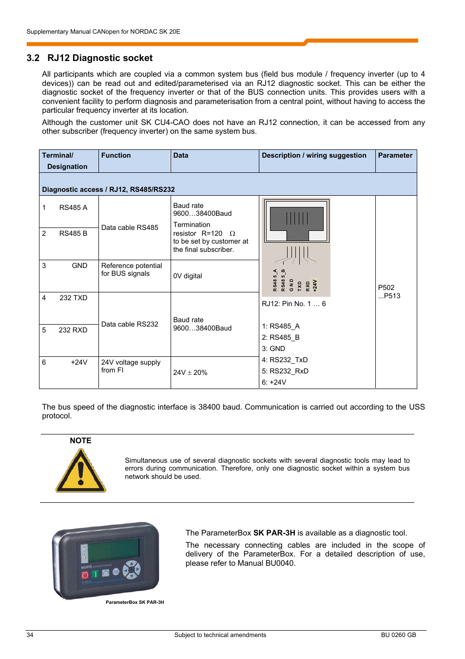 2 rj12 diagnostic socket | NORD Drivesystems BU0260 User Manual | Page 34 / 116