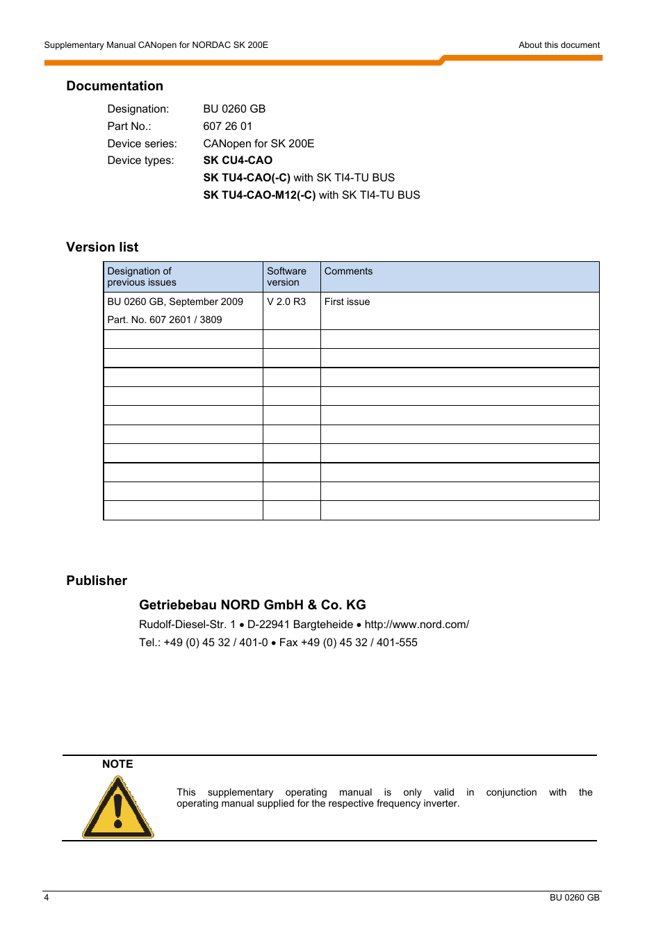 Documentation, Version list, Publisher | Getriebebau nord gmbh & co. kg | NORD Drivesystems BU0260 User Manual | Page 4 / 116