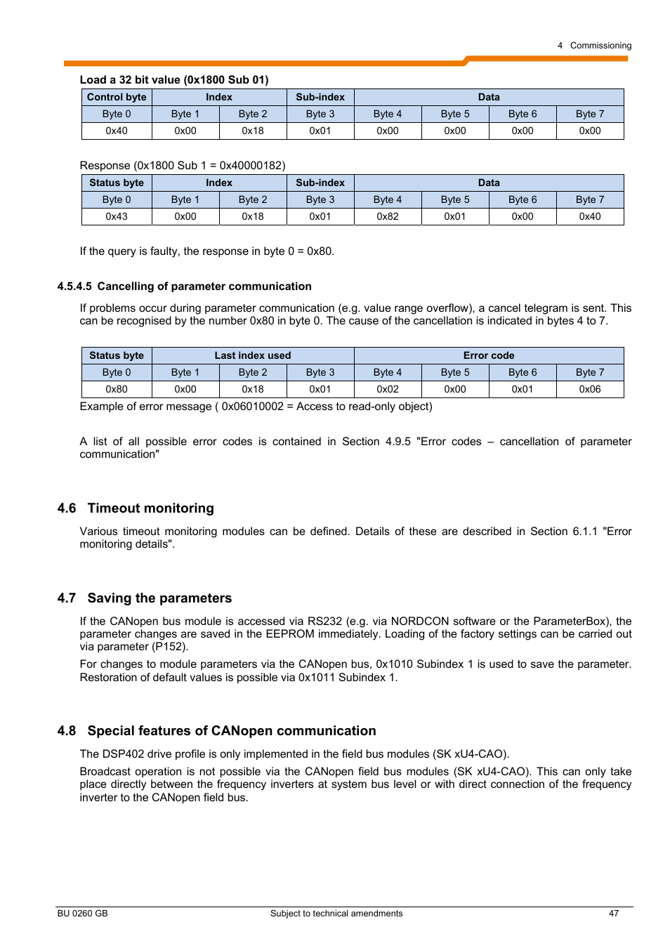 6 timeout monitoring, 7 saving the parameters, 8 special features of canopen communication | NORD Drivesystems BU0260 User Manual | Page 47 / 116