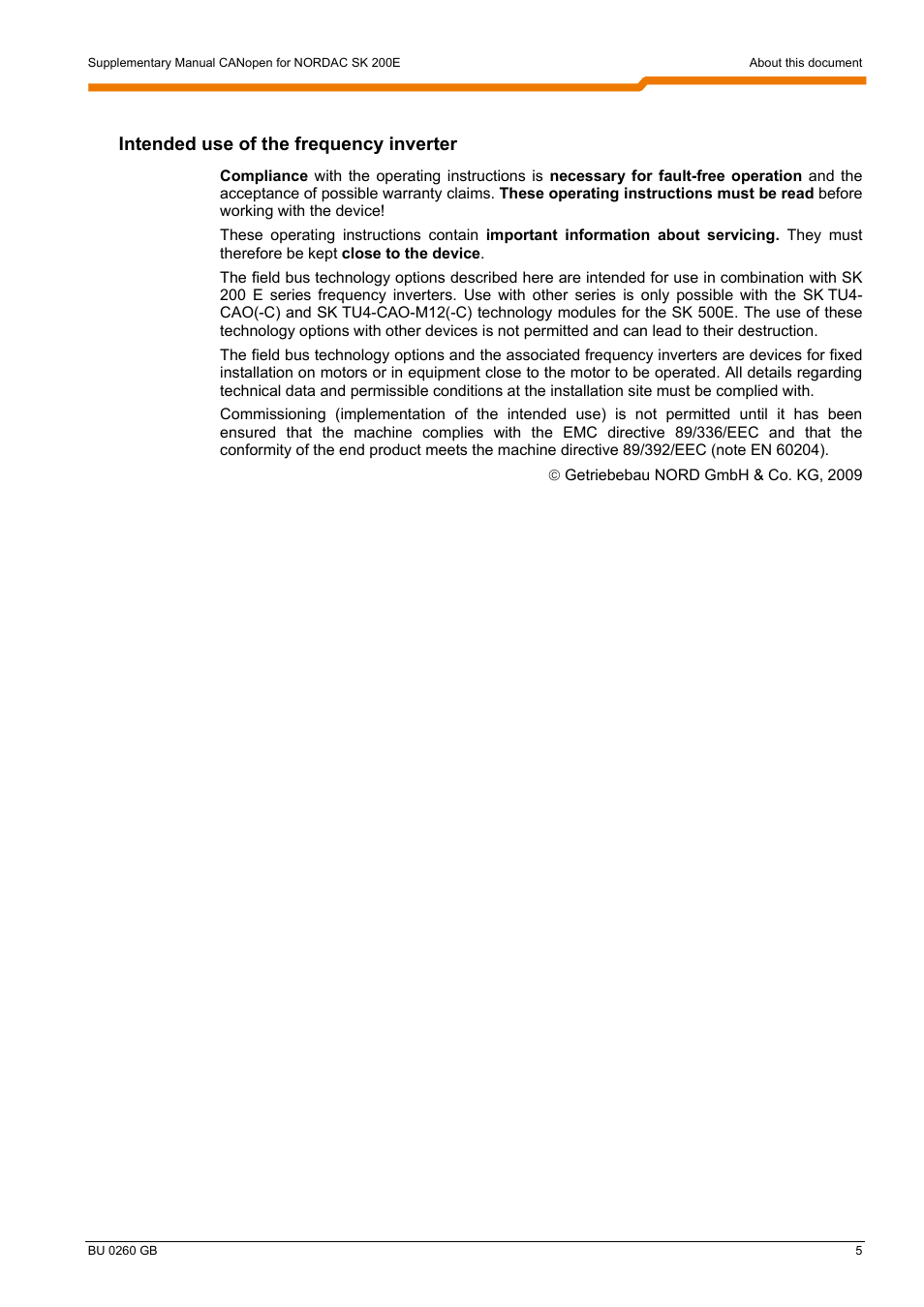 Intended use of the frequency inverter | NORD Drivesystems BU0260 User Manual | Page 5 / 116