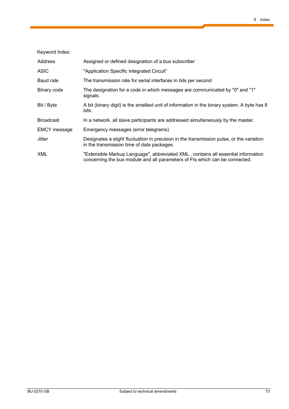 9 index | NORD Drivesystems BU0270 User Manual | Page 73 / 76