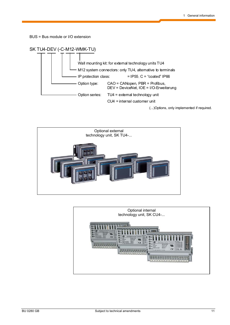 5 type code / optional bus modules, Sk tu4-dev (-c-m12-wmk-tu) | NORD Drivesystems BU0280 User Manual | Page 11 / 78