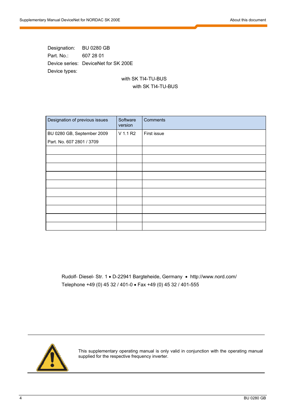 Documentation, Version list, Publisher | Getriebebau nord gmbh & co. kg | NORD Drivesystems BU0280 User Manual | Page 4 / 78