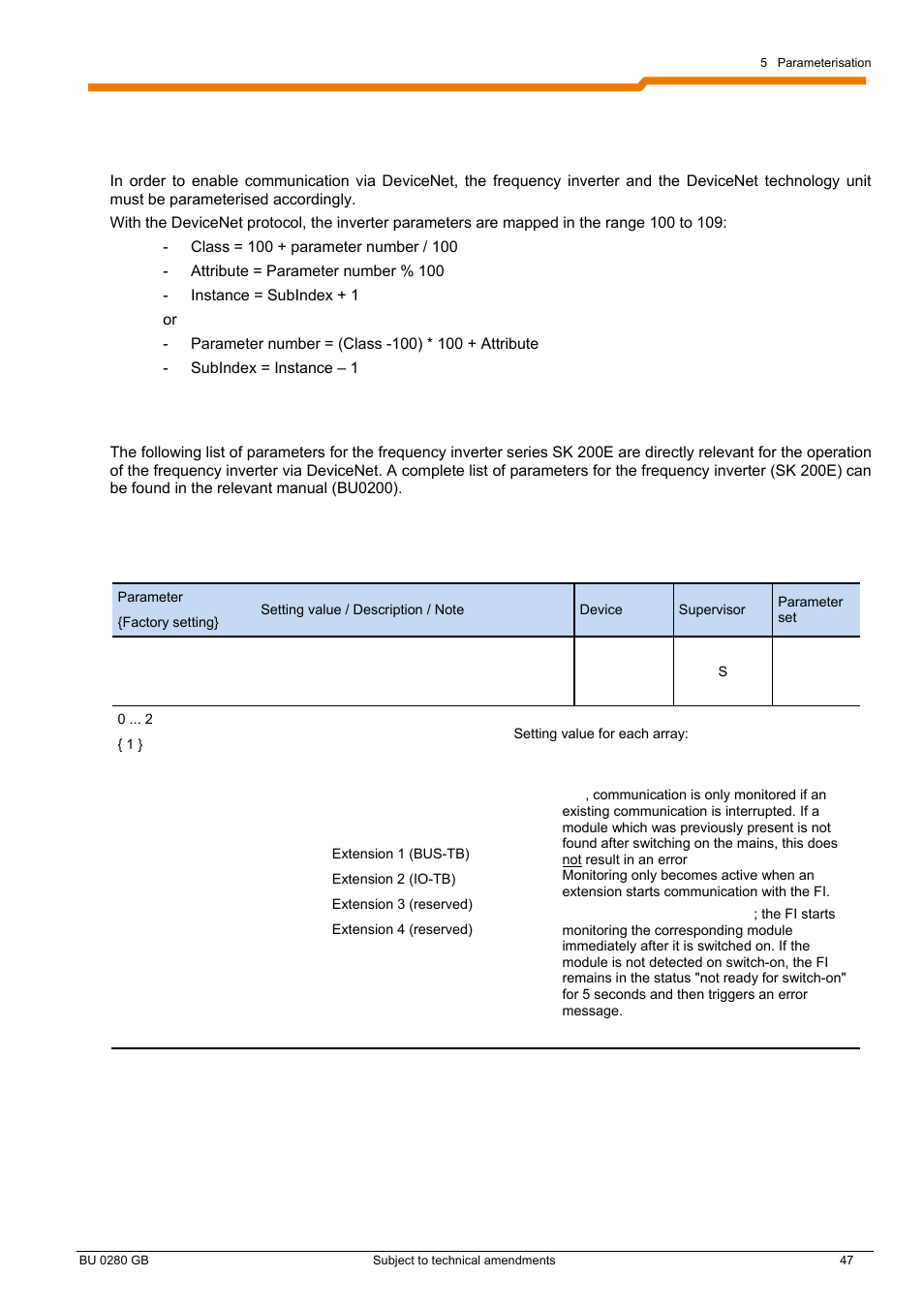 5 parameterisation, 1 parameterising the sk 200e frequency inverter | NORD Drivesystems BU0280 User Manual | Page 47 / 78