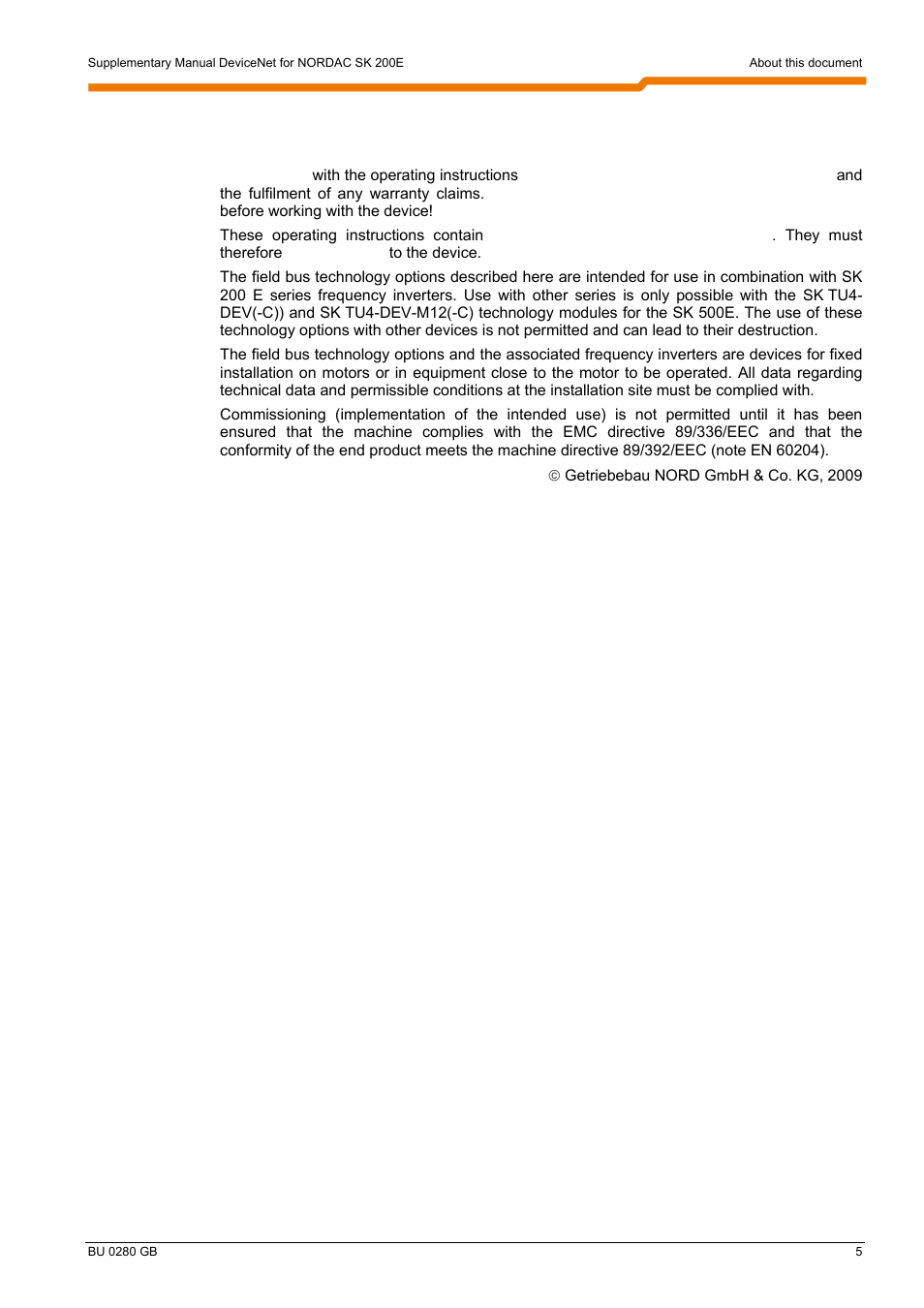 Intended use of the frequency inverter | NORD Drivesystems BU0280 User Manual | Page 5 / 78