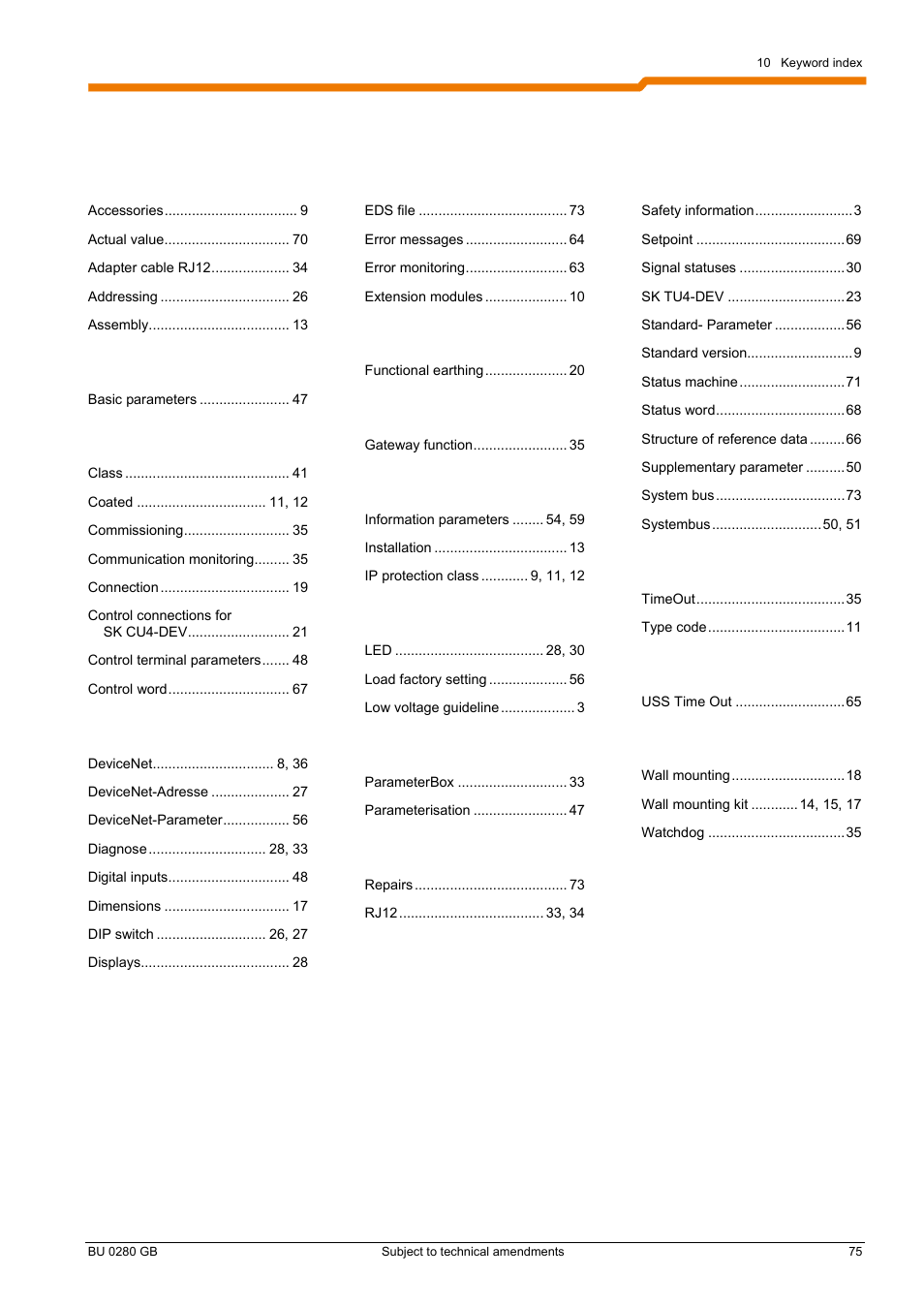 10 keyword index | NORD Drivesystems BU0280 User Manual | Page 75 / 78